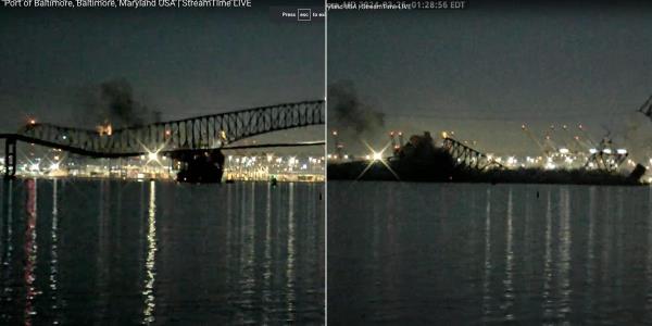 直播视频捕捉到了一艘巨轮撞上巴尔的摩弗朗西斯·斯科特基桥并导致大桥倒塌的瞬间